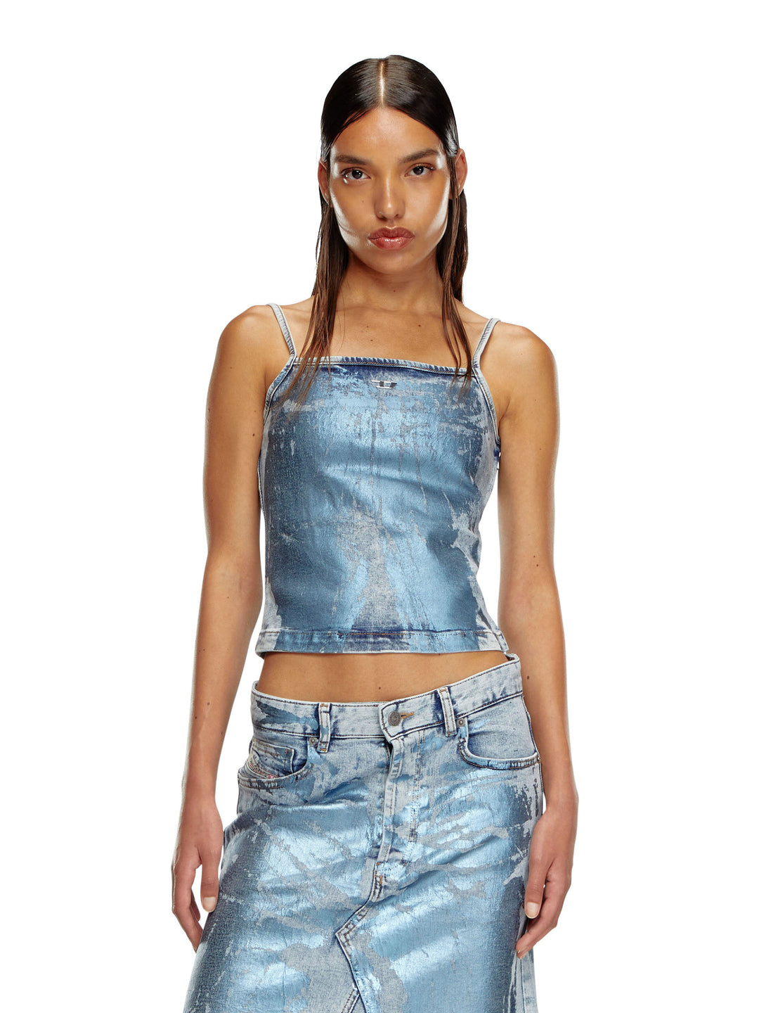 Top in denim con monogramma frontale