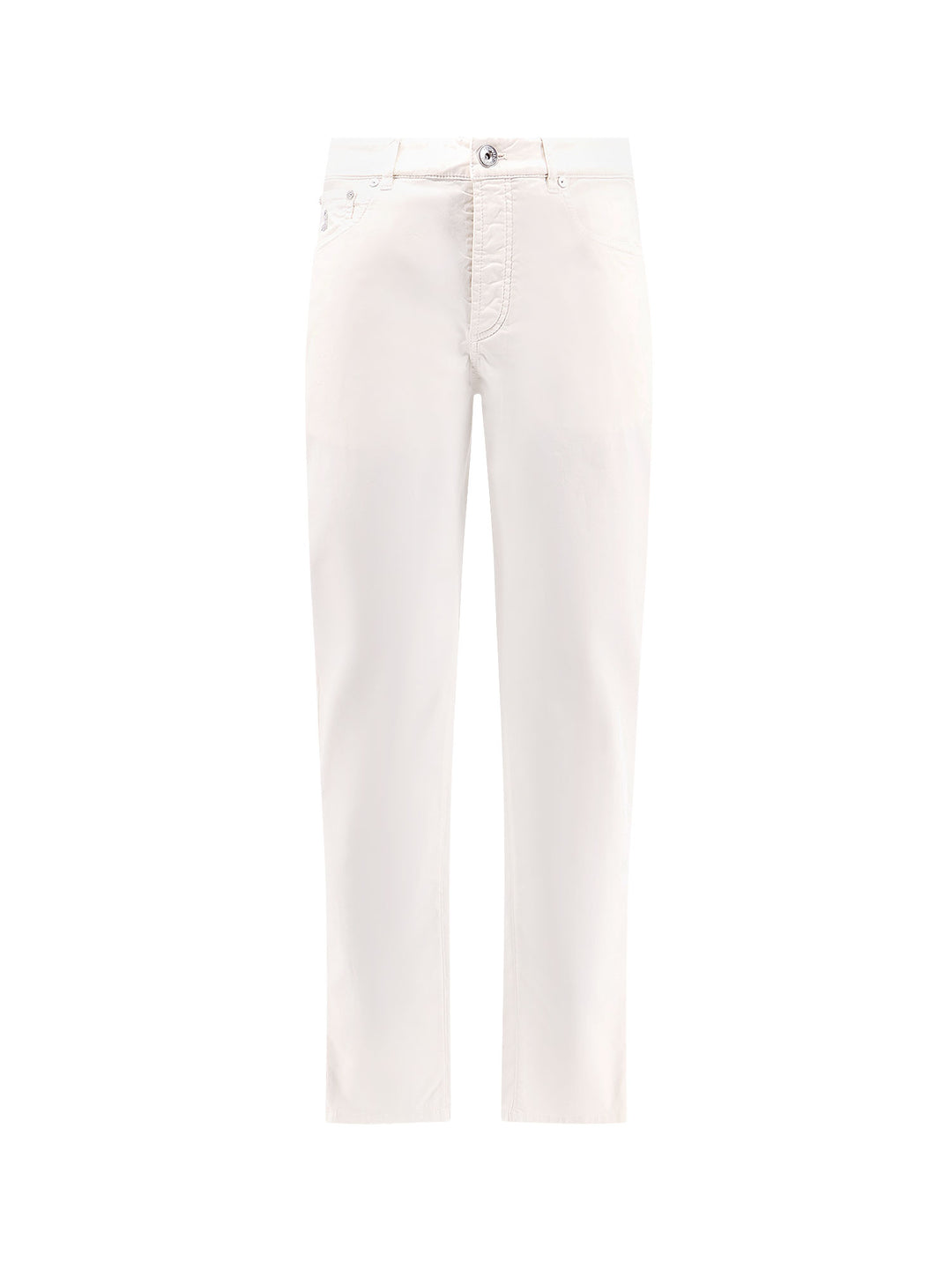 Pantalone in cotone stretch con ricamo in contrasto