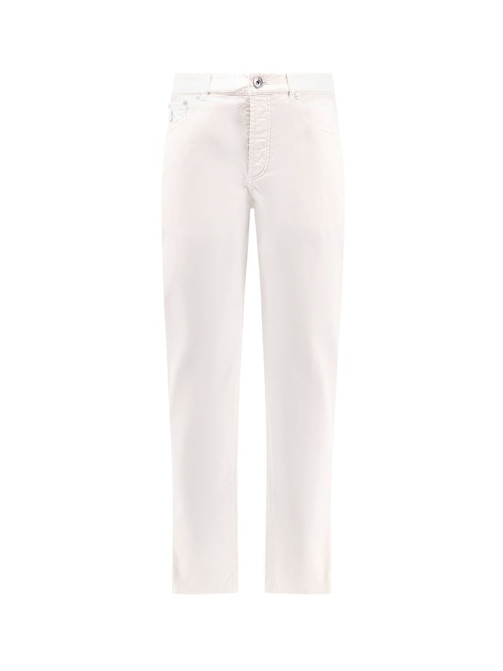 Pantalone in cotone stretch con ricamo in contrasto