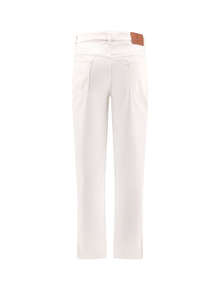 Pantalone in cotone stretch con ricamo in contrasto