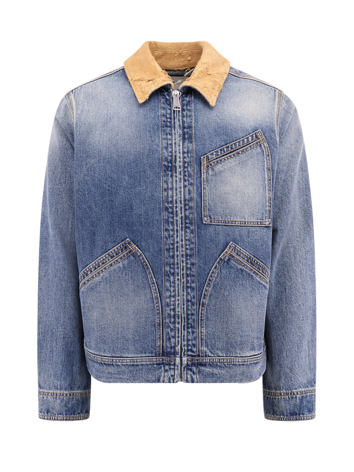 Giubbino in denim Washed Blue con colletto in camoscio