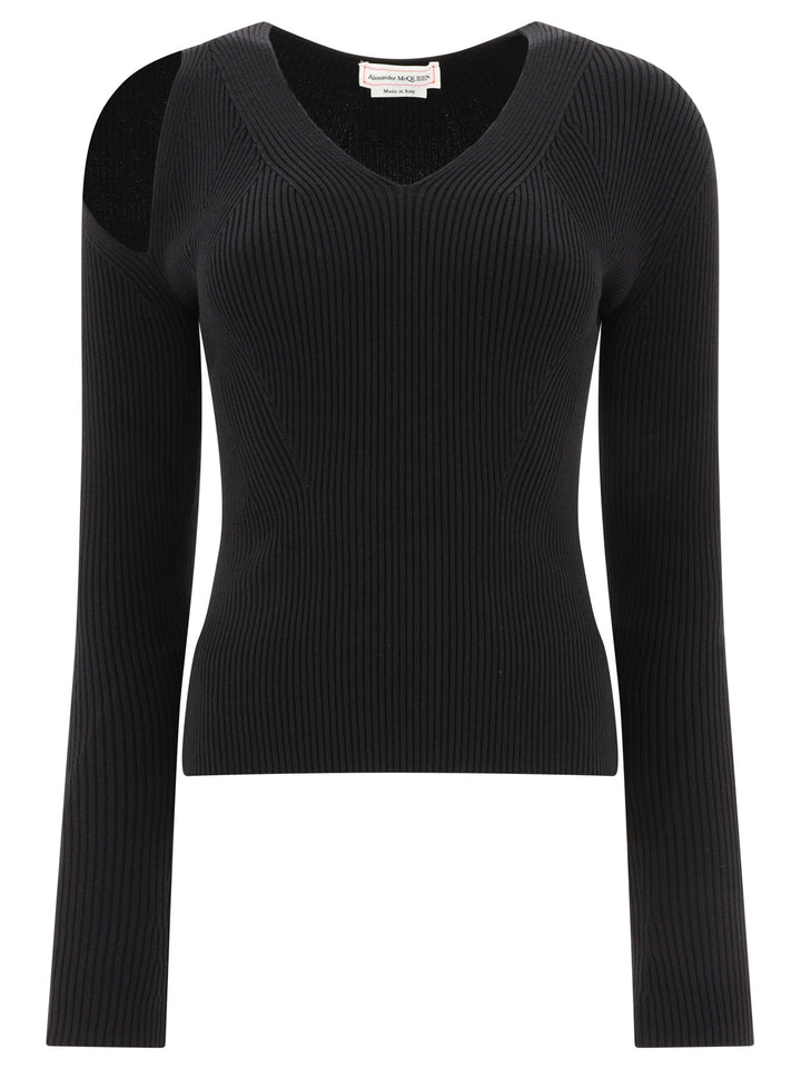 Ribbed-Knit Sweater With Cut-Out Details Knitwear Nero