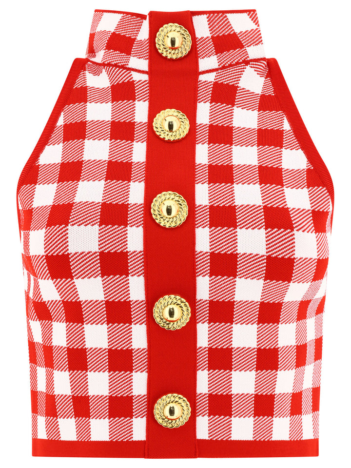 Fine Gingham Knit Sleeveless Top Top Rosso