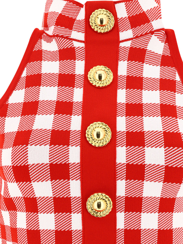 Fine Gingham Knit Sleeveless Top Top Rosso