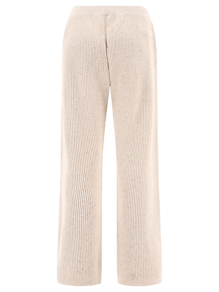 Sequin-Embellished Ribbed Trousers Beige