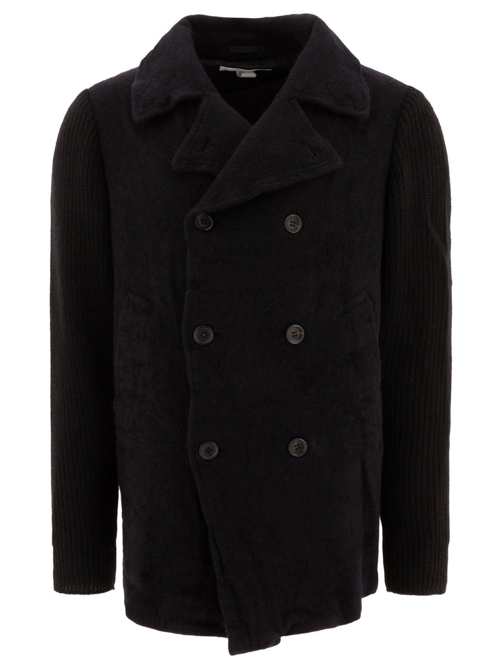 Double-Breasted Coat With Knit Sleeves Coats Blu