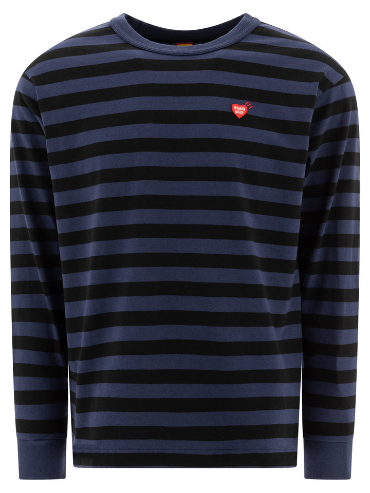 Striped T-Shirt With Logo Patch T-Shirts Blu