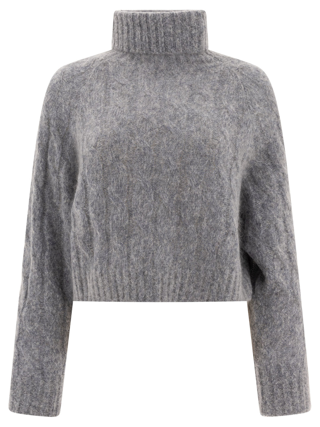 Wool And Mohair Cable Knit Turtleneck Sweater With Monili Knitwear Grey