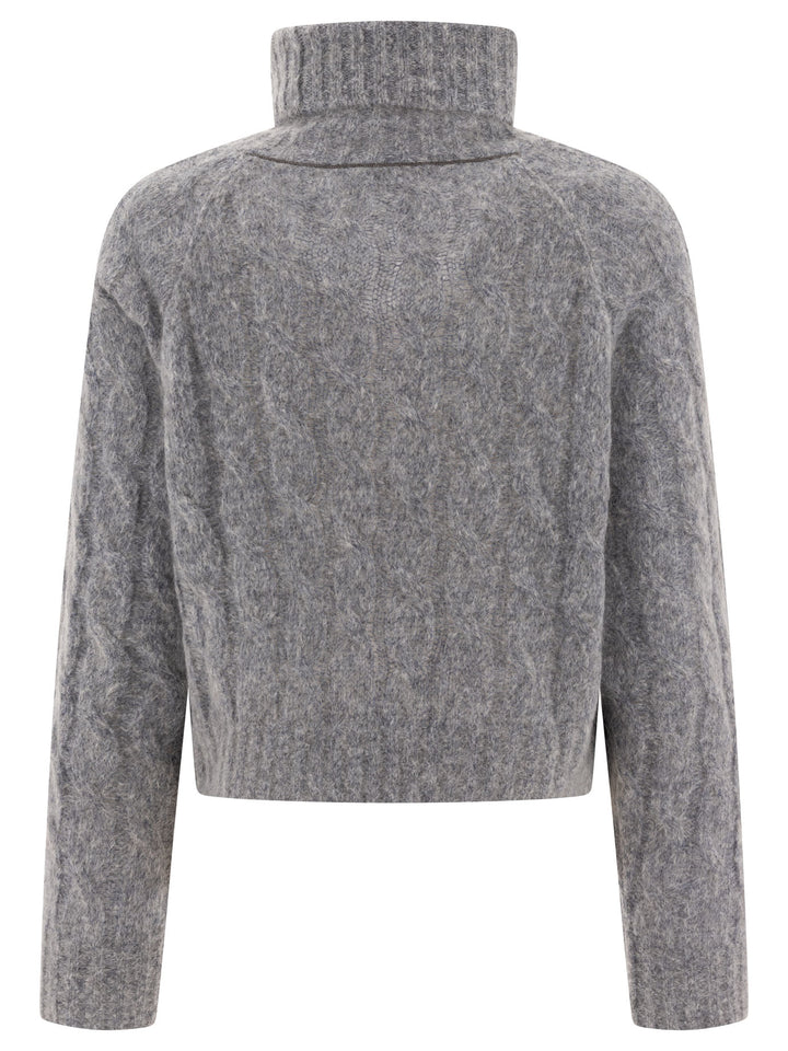 Wool And Mohair Cable Knit Turtleneck Sweater With Monili Knitwear Grey