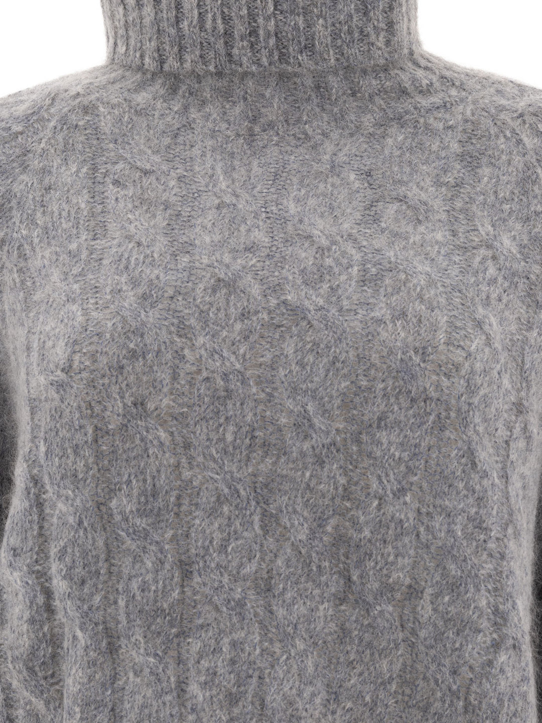 Wool And Mohair Cable Knit Turtleneck Sweater With Monili Knitwear Grey