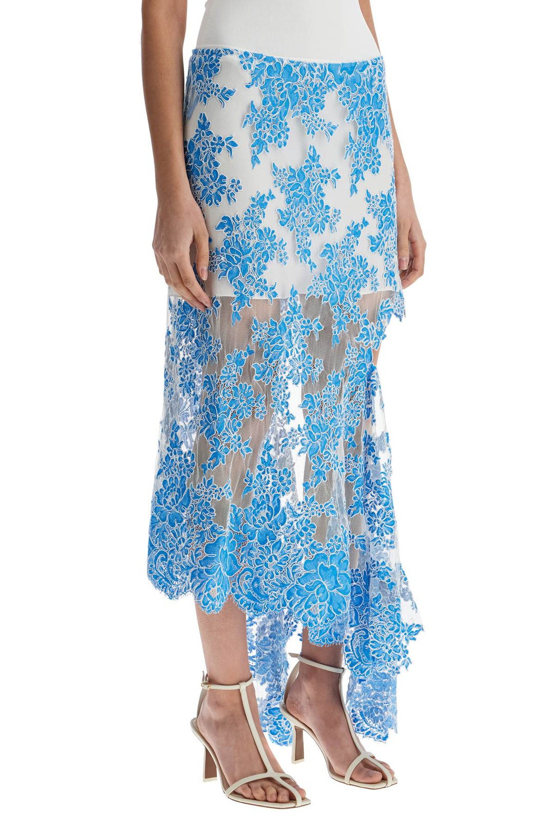 Gonna In Pizzo Di Cotone Blu Floreale Asimmetrica