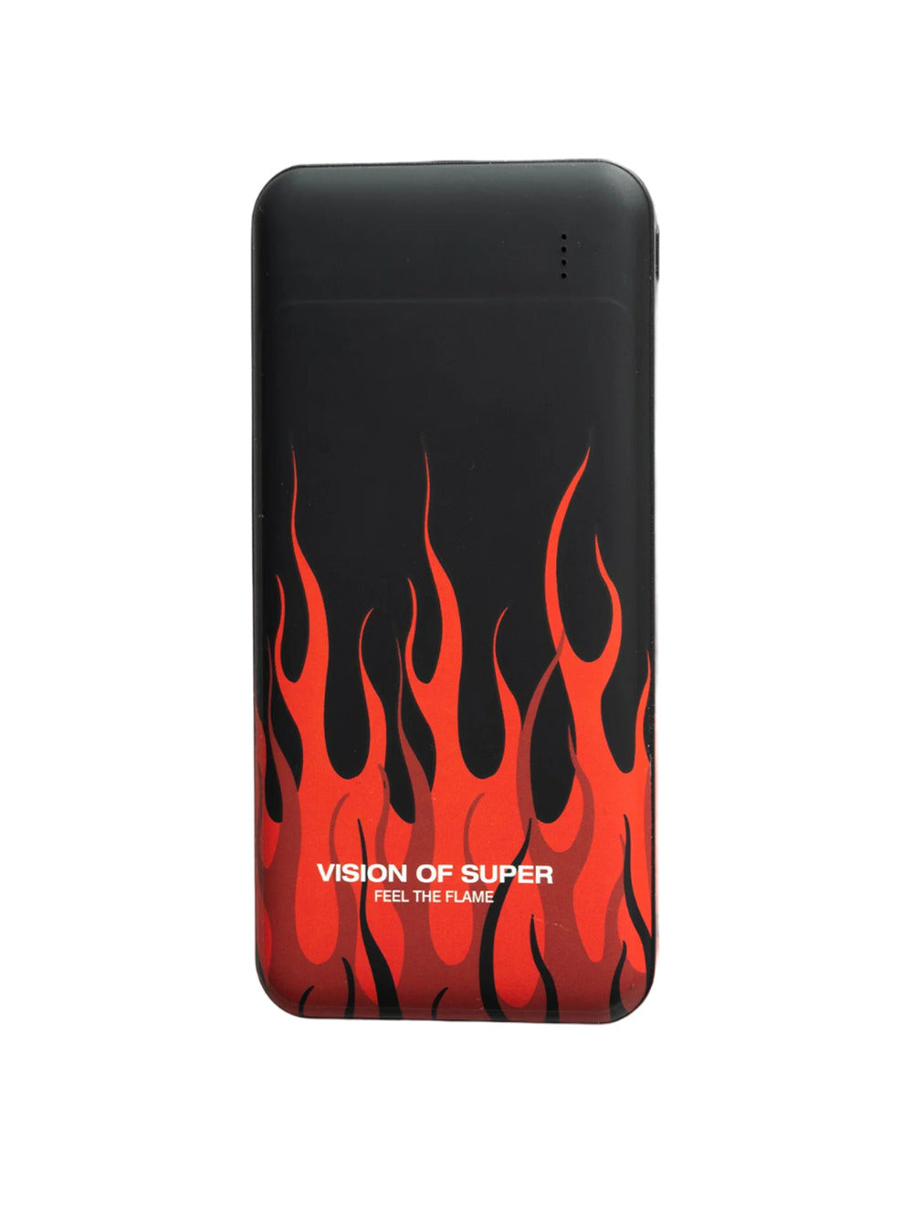 Black powerbank with red flames and white logo