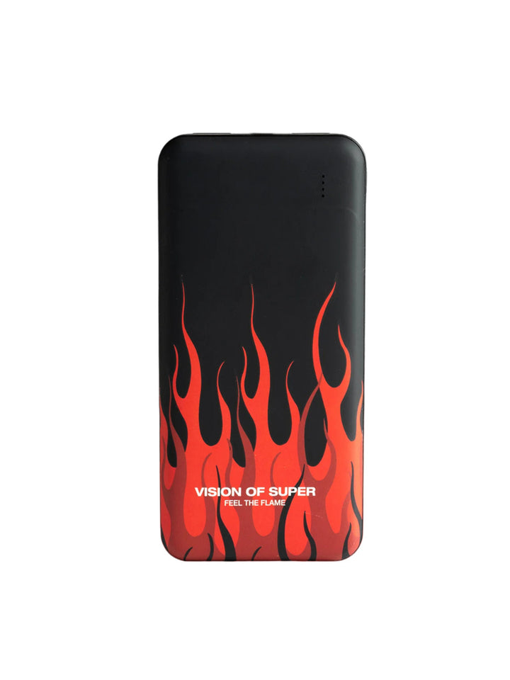 Black powerbank with red flames and white logo