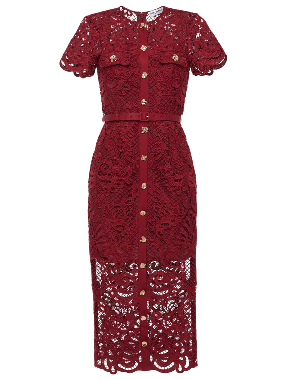 Red guipure lace button midi dress