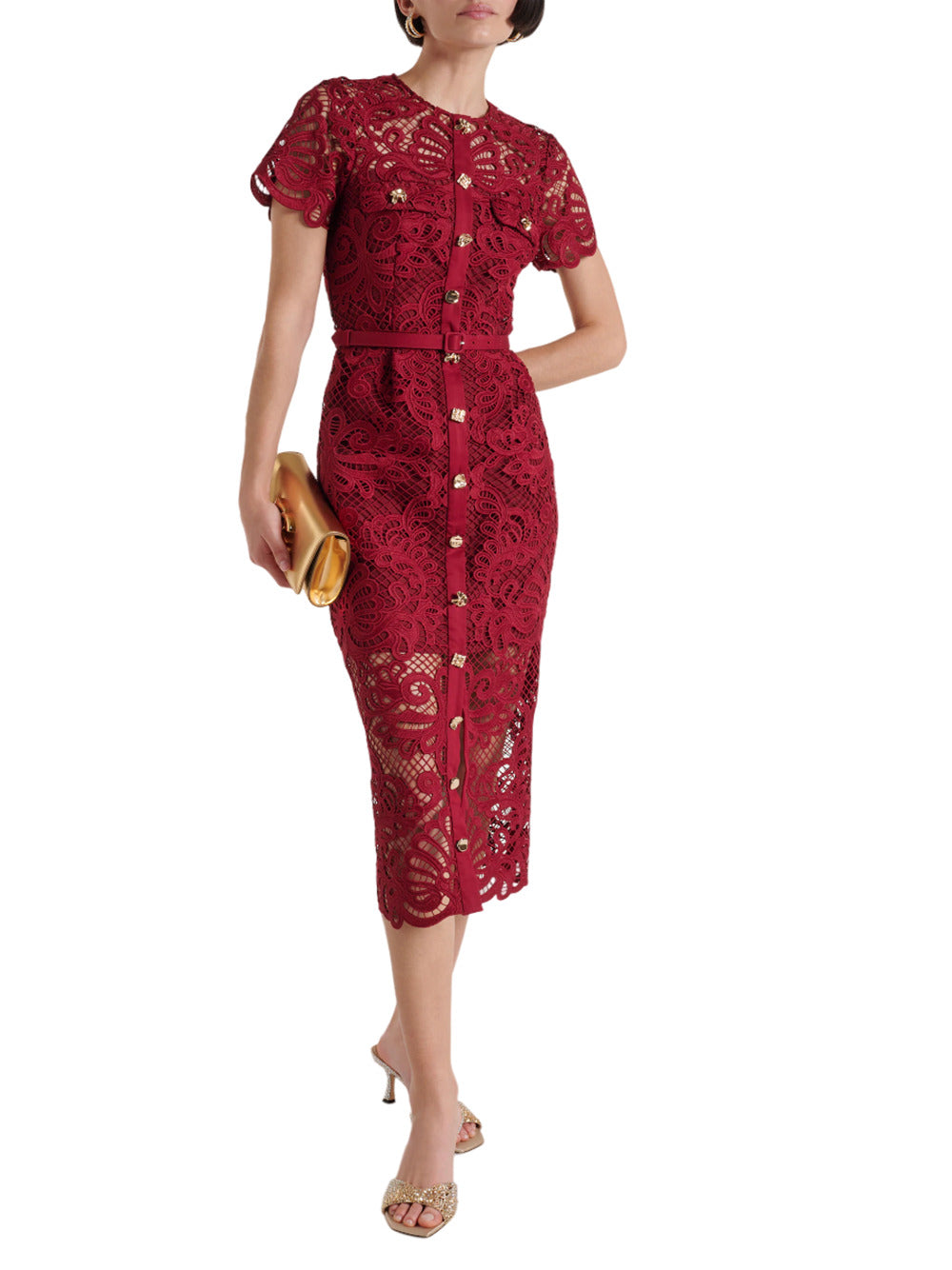 Red guipure lace button midi dress