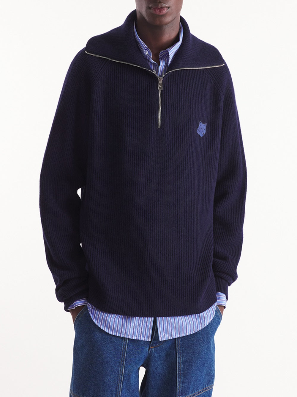 Bold fox head patch half zip ribbed jumper