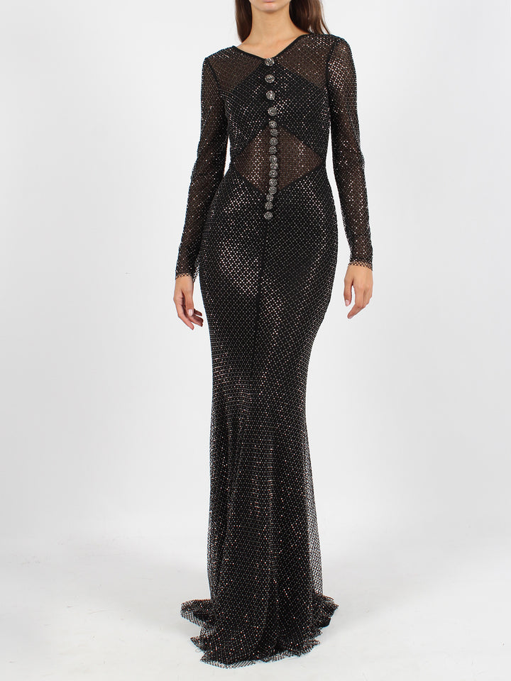 Rhinestone fishnet crossover maxi dress