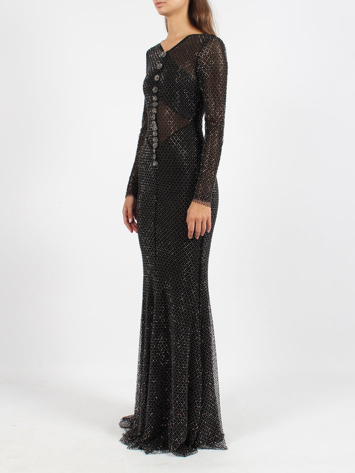 Rhinestone fishnet crossover maxi dress