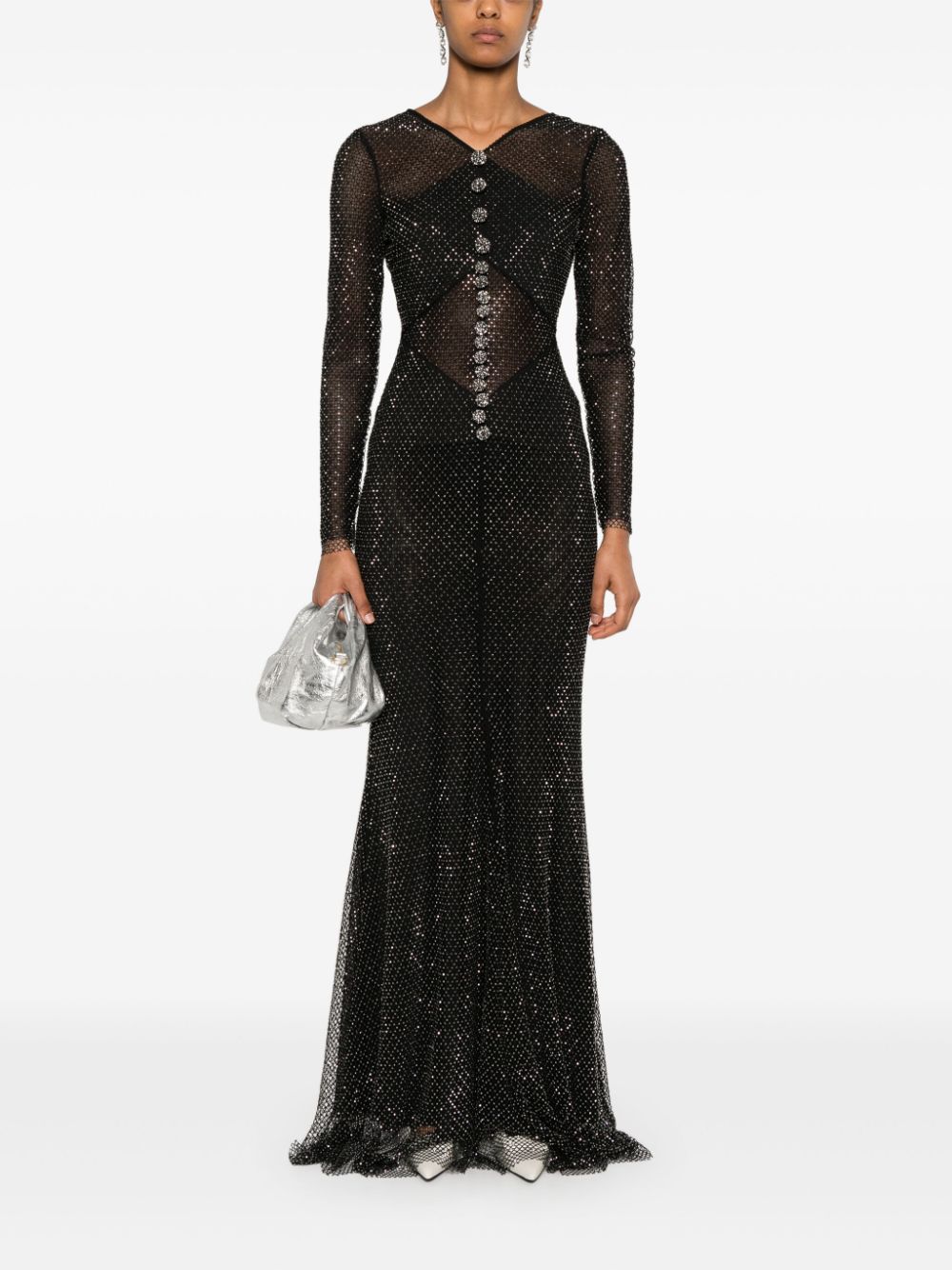 Black rhinestone fishnet crossover maxi dress