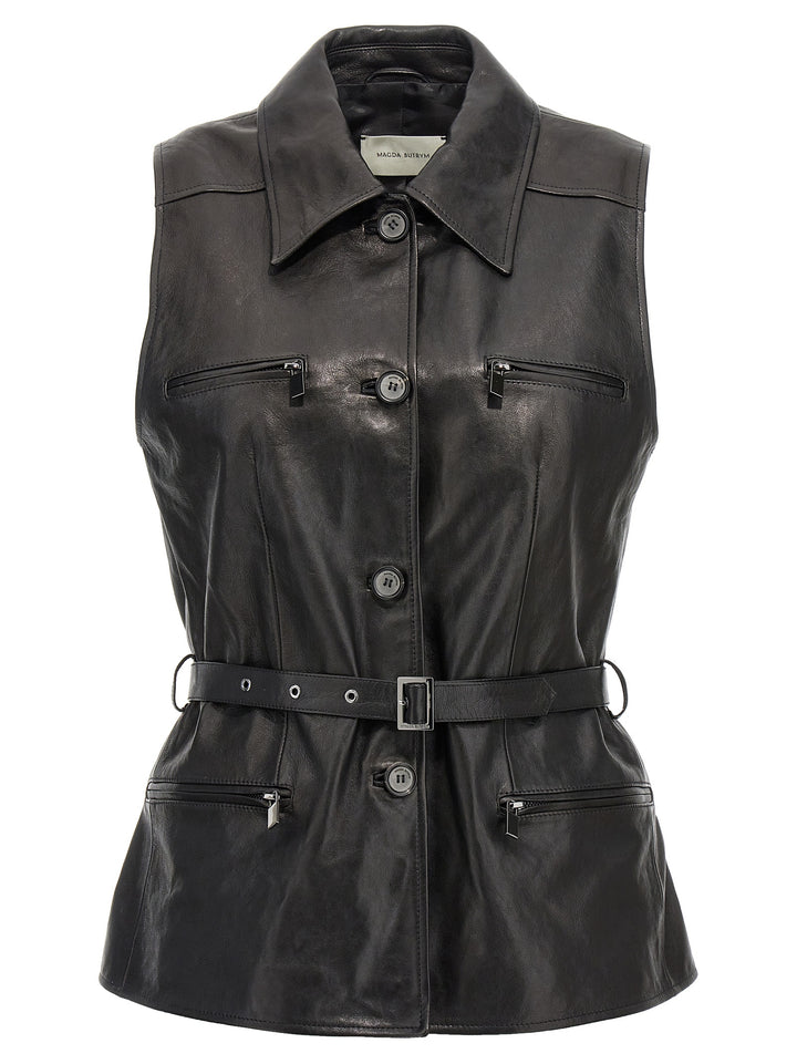 Single-Breasted Leather Vest Gilet Nero