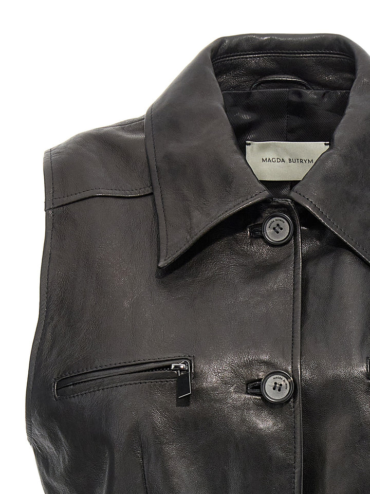 Single-Breasted Leather Vest Gilet Nero