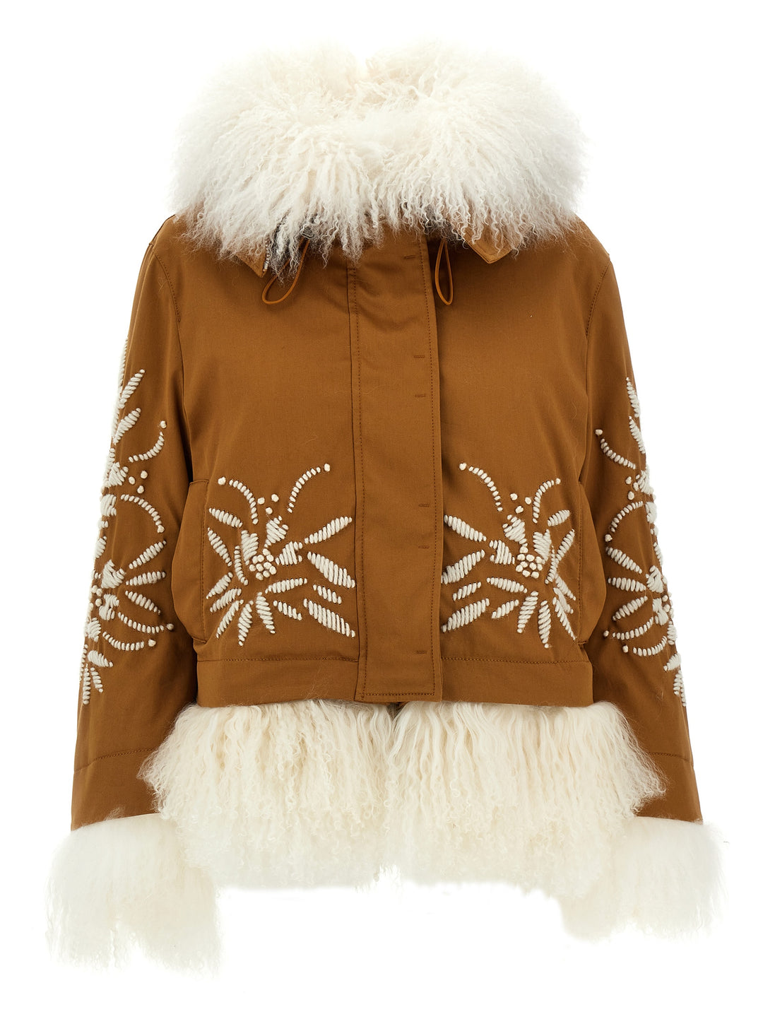 Fur Embroidery Parka Giacche Marrone