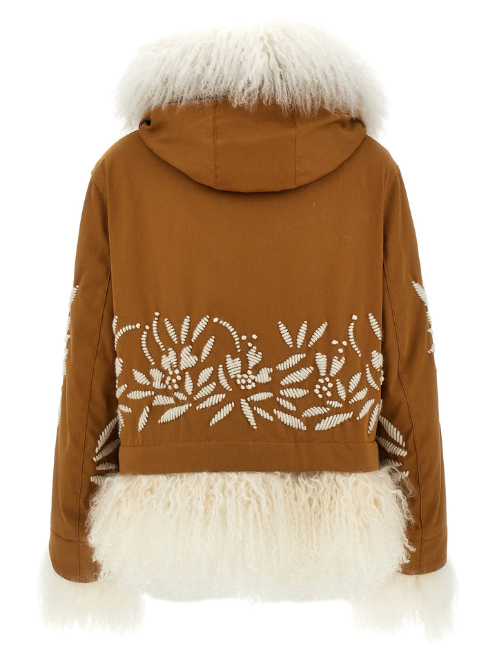 Fur Embroidery Parka Giacche Marrone