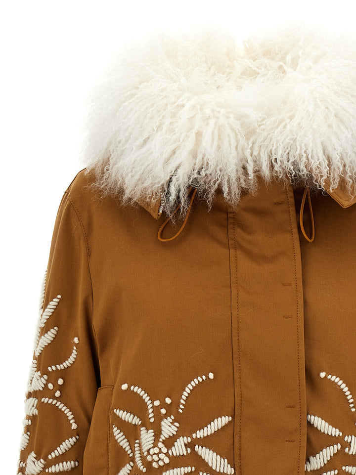 Fur Embroidery Parka Giacche Marrone