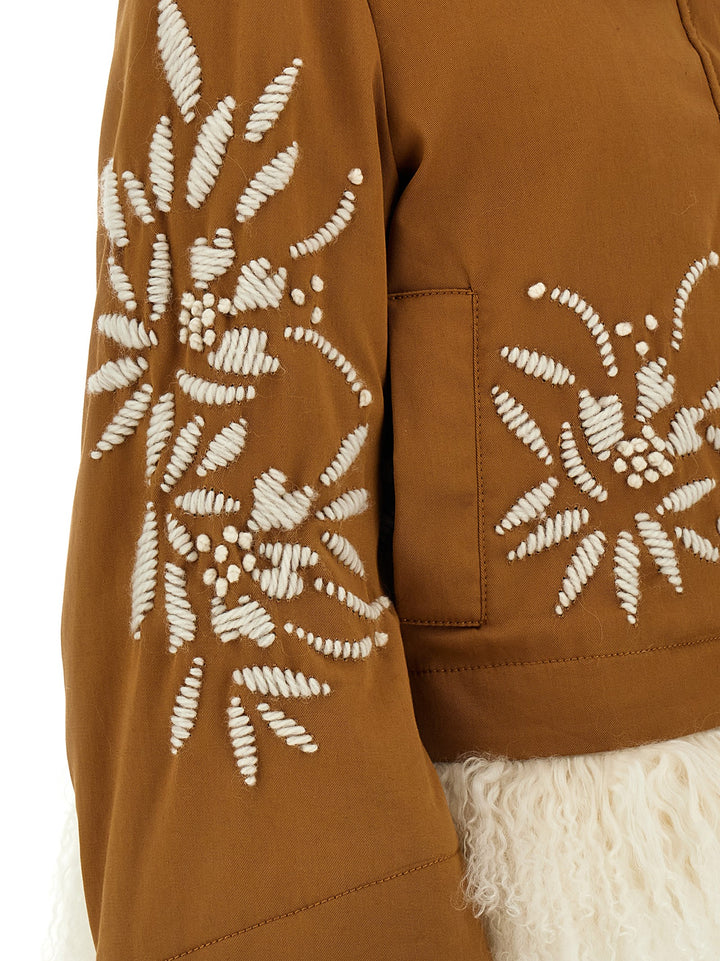 Fur Embroidery Parka Giacche Marrone