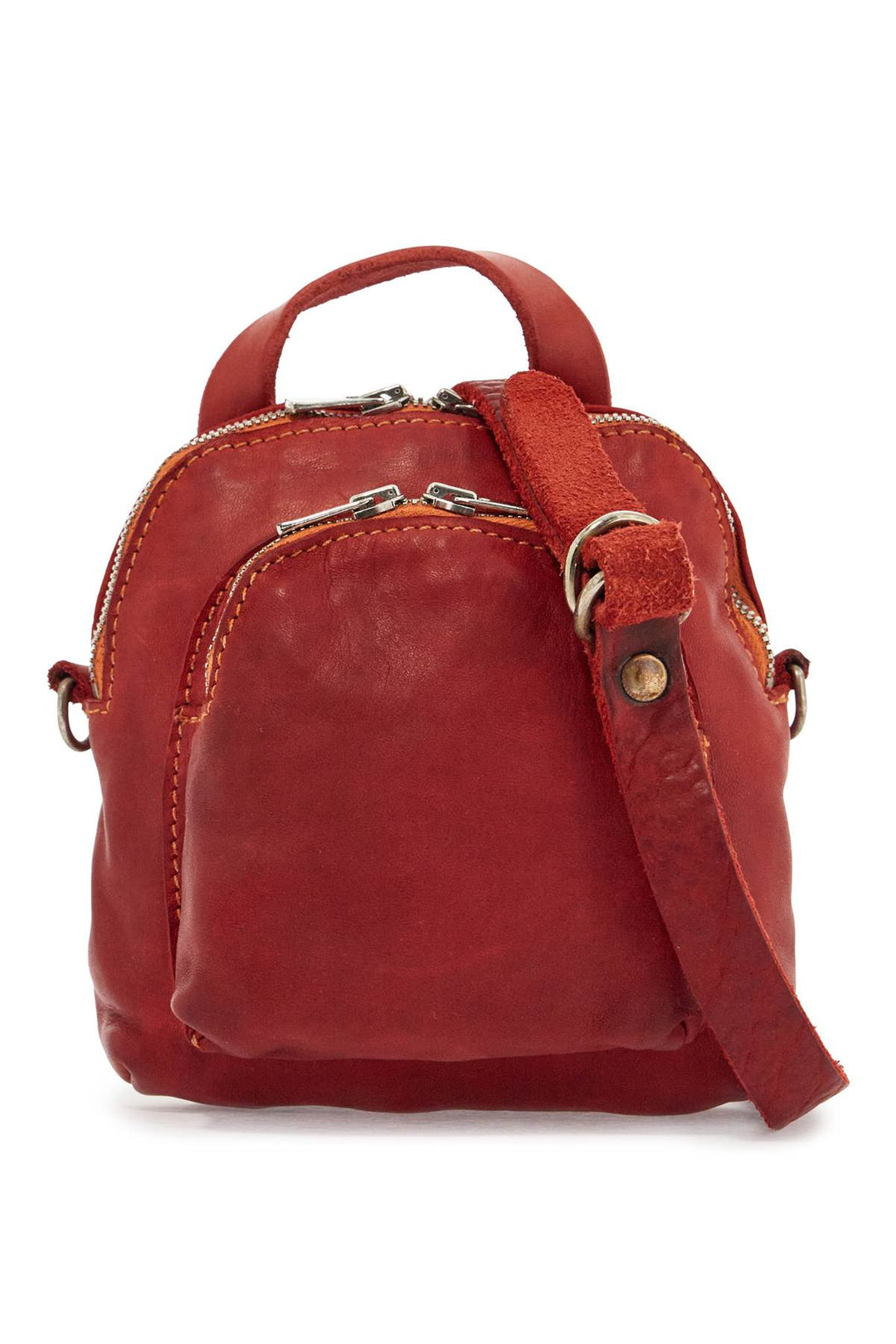 Zaino Mini In Pelle Rossa Artigianale Con Tracolla Regolabile E Tasche Frontali