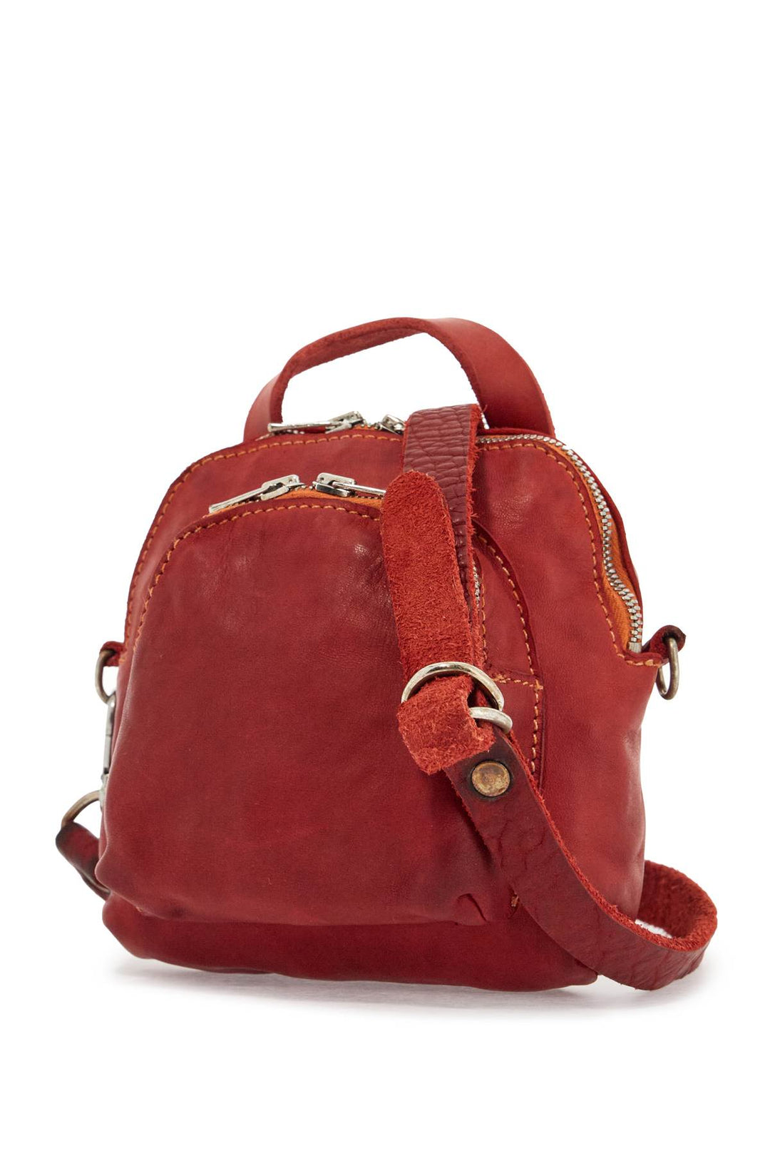 Zaino Mini In Pelle Rossa Artigianale Con Tracolla Regolabile E Tasche Frontali