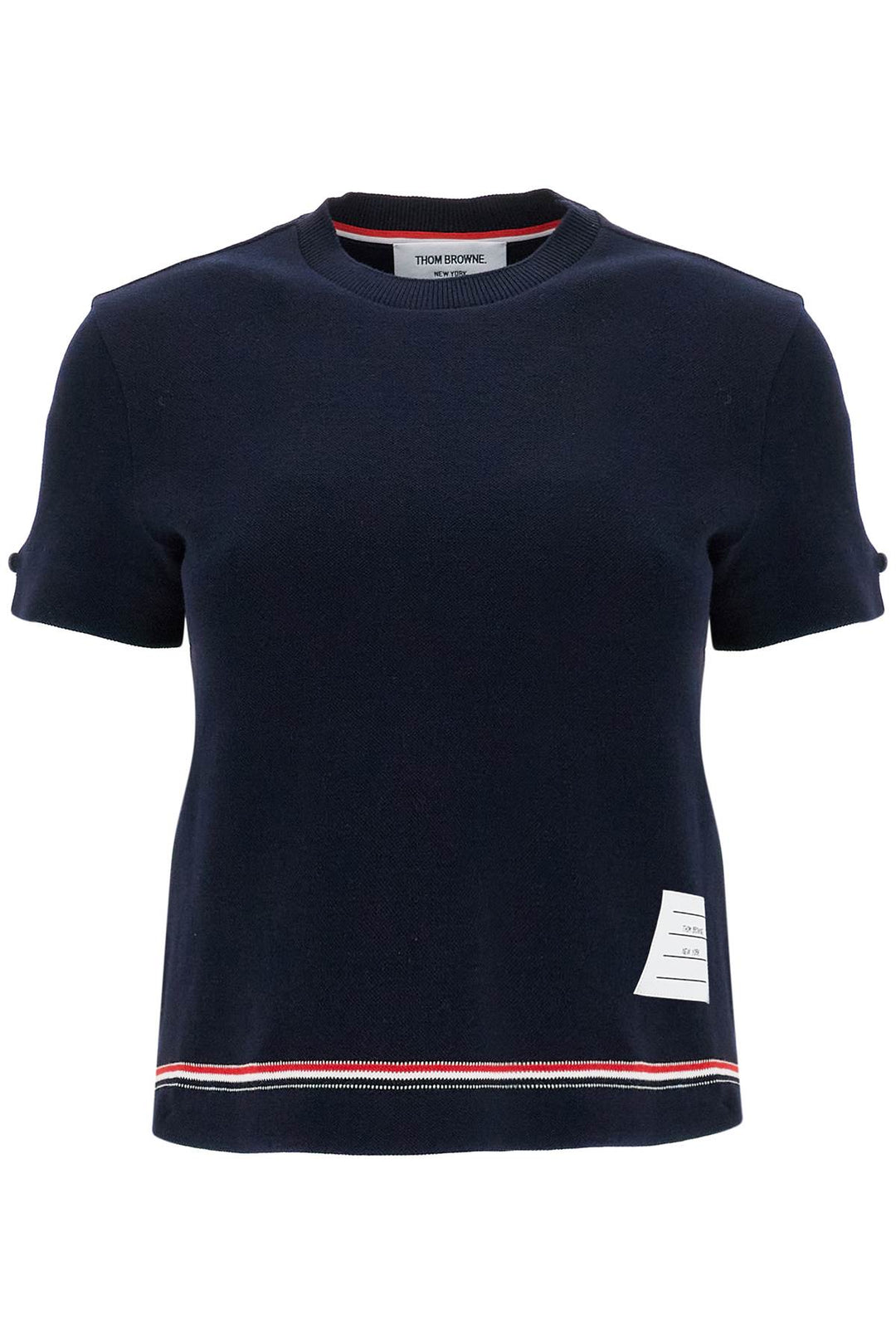 T Shirt Cotone Piqué Blu Navy Con Striscia Tricolore