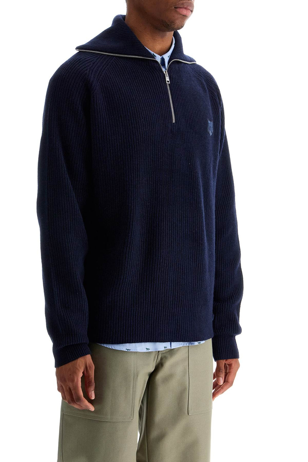 Maglione In Lana Blu Inchiostro Con Patch Testa Di Volpe E Mezza Zip