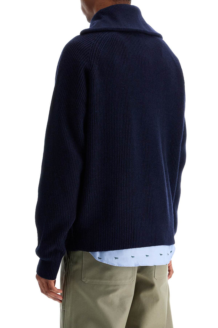 Maglione In Lana Blu Inchiostro Con Patch Testa Di Volpe E Mezza Zip