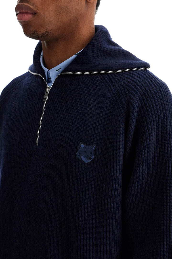 Maglione In Lana Blu Inchiostro Con Patch Testa Di Volpe E Mezza Zip