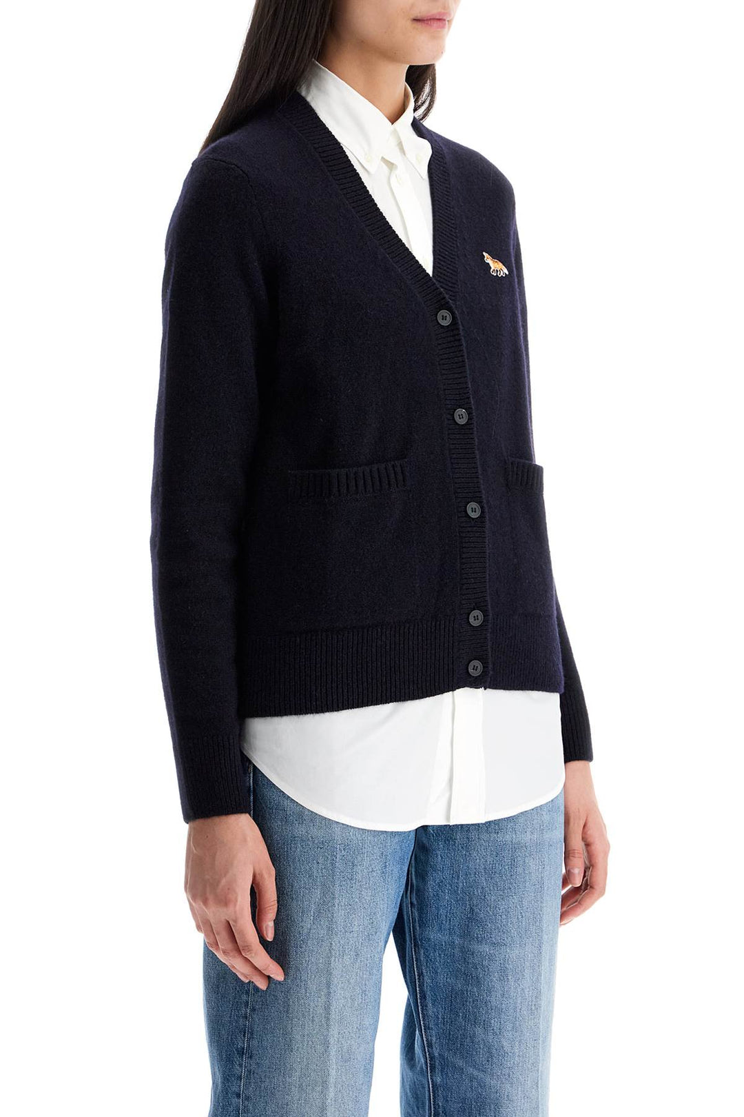 Cardigan Oversize Blu 100% Lana Con Patch Volpe