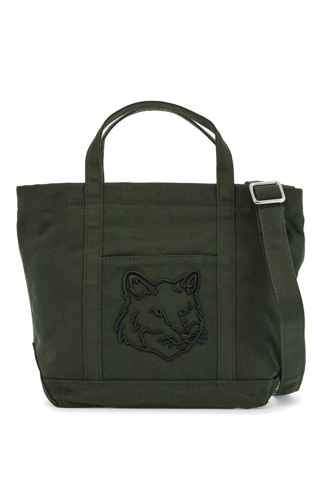 Borsa Tote Piccola In Cotone Verde Ranger Con Logo Volpe Ricamato