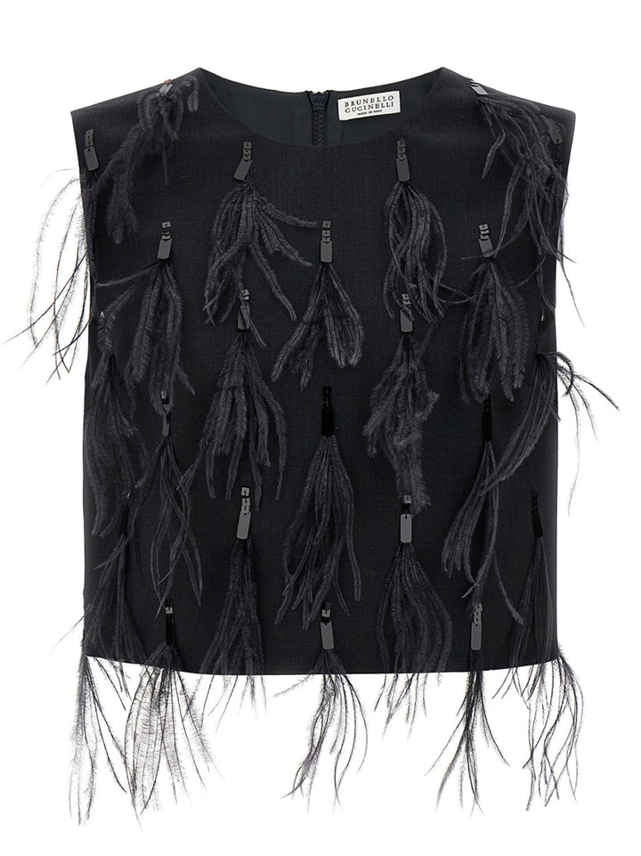 Sequin Feather Top Top Nero