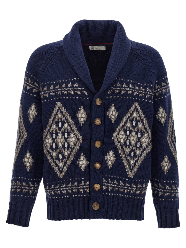 Jacquard Cashmere Cardigan Maglioni Blu