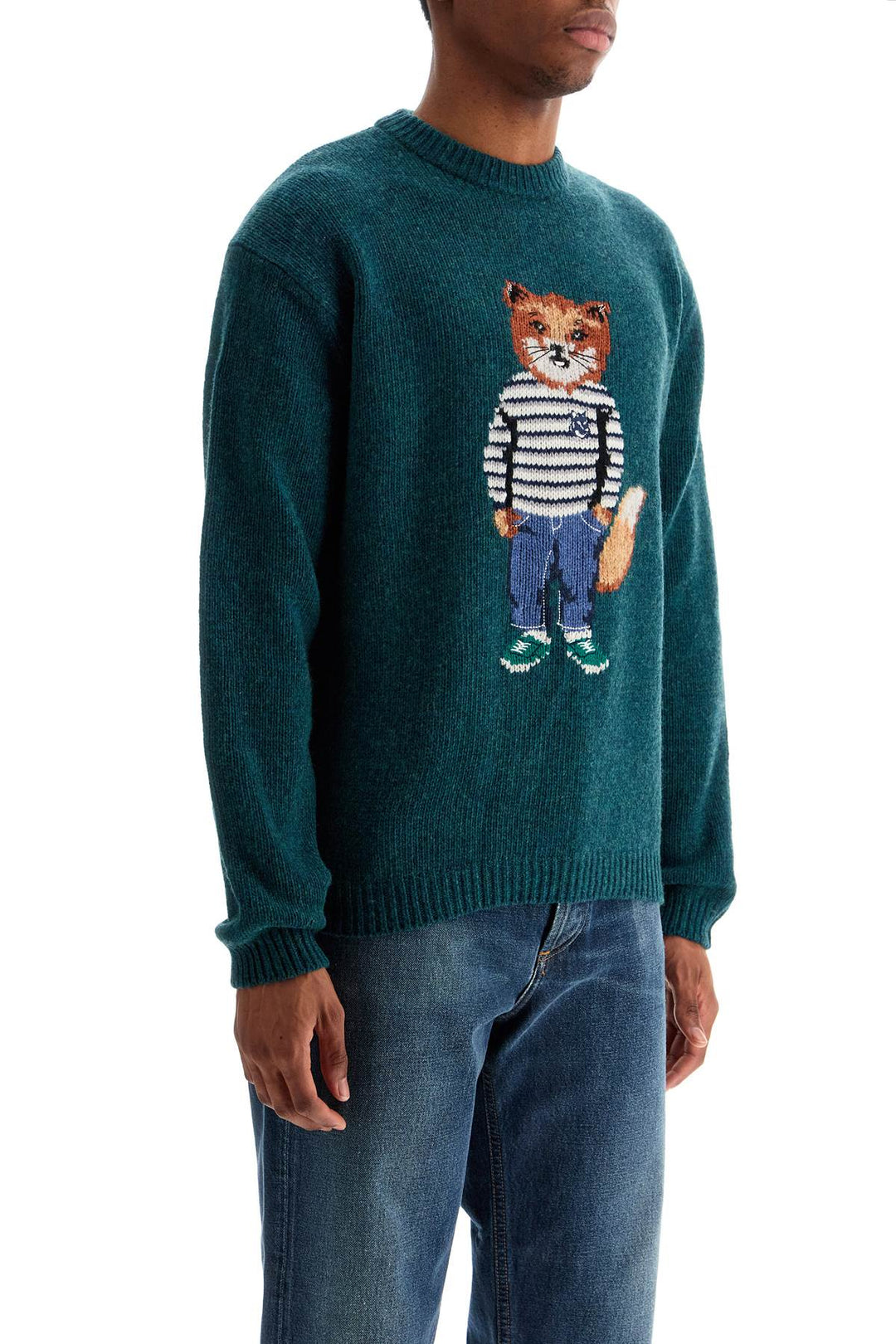 Maglione In Lana Verde Con Intarsia Volpe