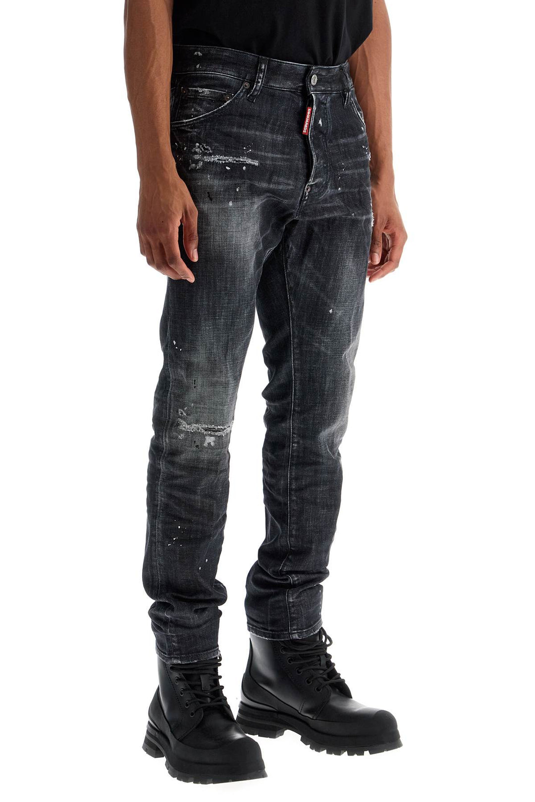 Jeans In Cotone Nero Con Macchie Di Vernice Bianca