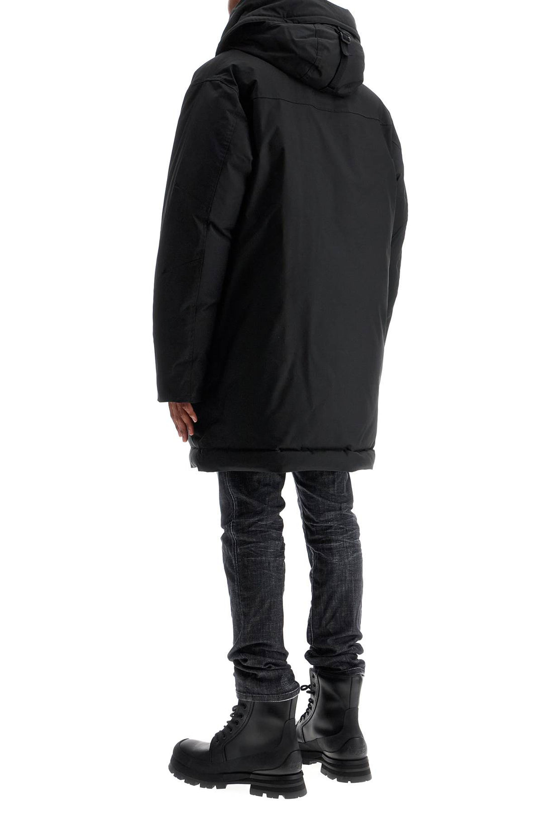 Parka In Poliestere Nero Techno Down Con Cappuccio