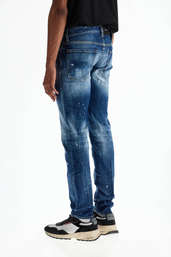 Jeans In Cotone Blu Navy Effetto Vissuto Con Logo Visibile