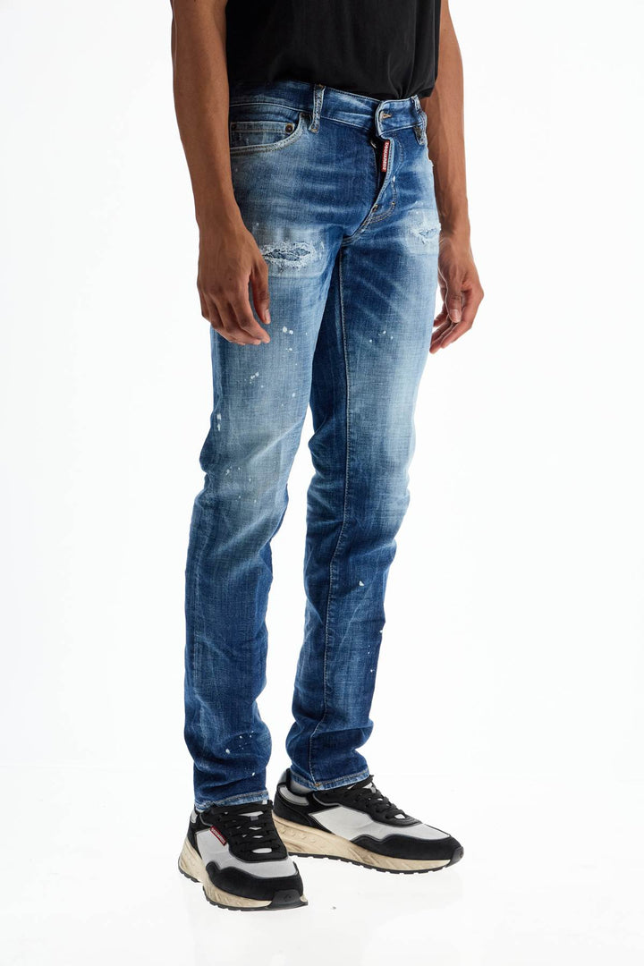 Jeans In Cotone Blu Navy Effetto Vissuto Con Logo Visibile