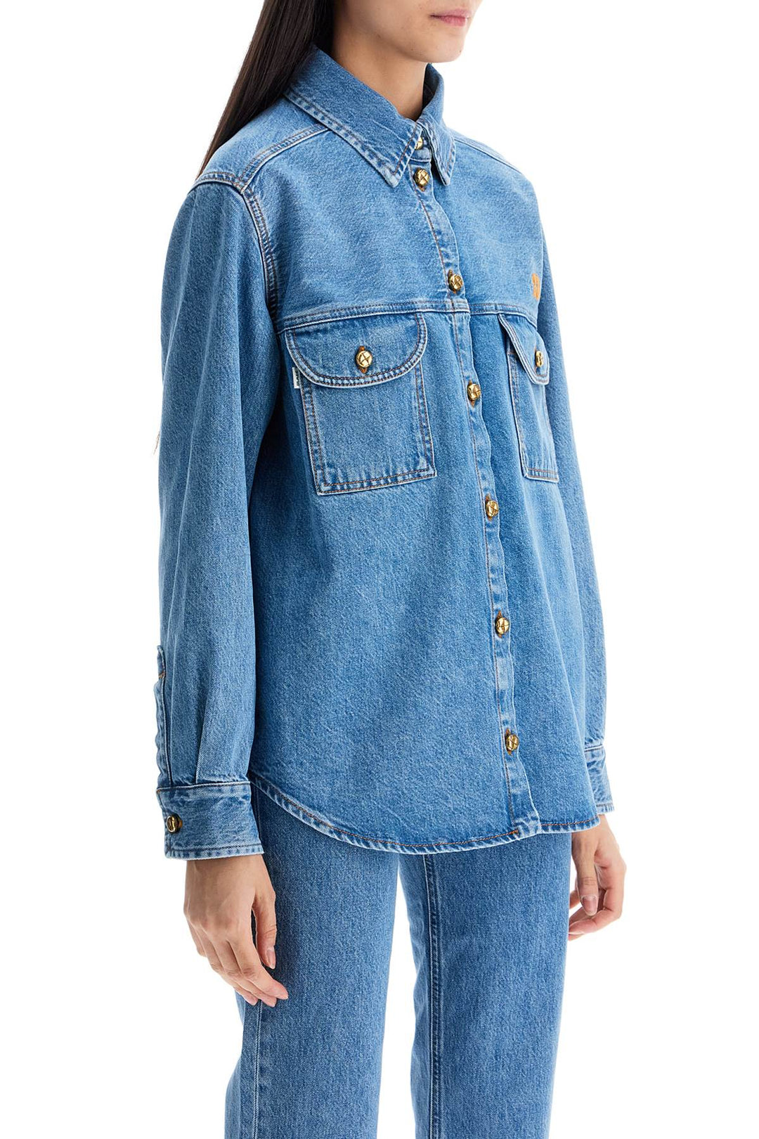 Camicia Blu Denim In Cotone Con Collo Alto