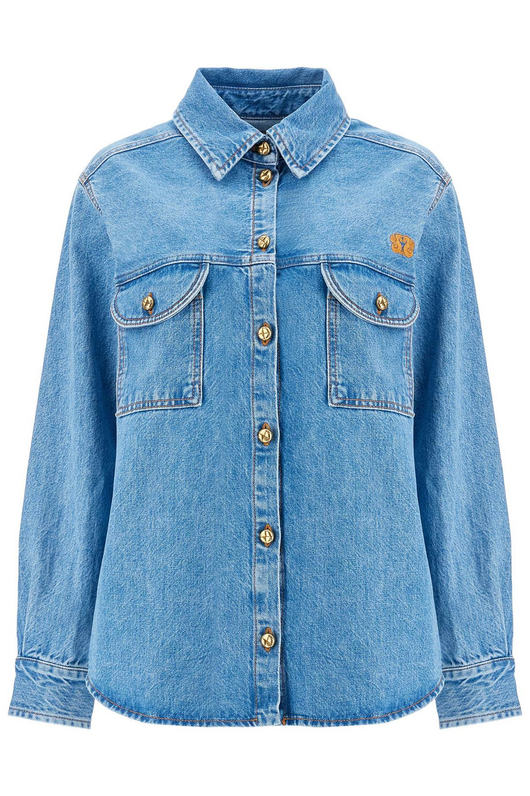 Camicia Blu Denim In Cotone Con Collo Alto