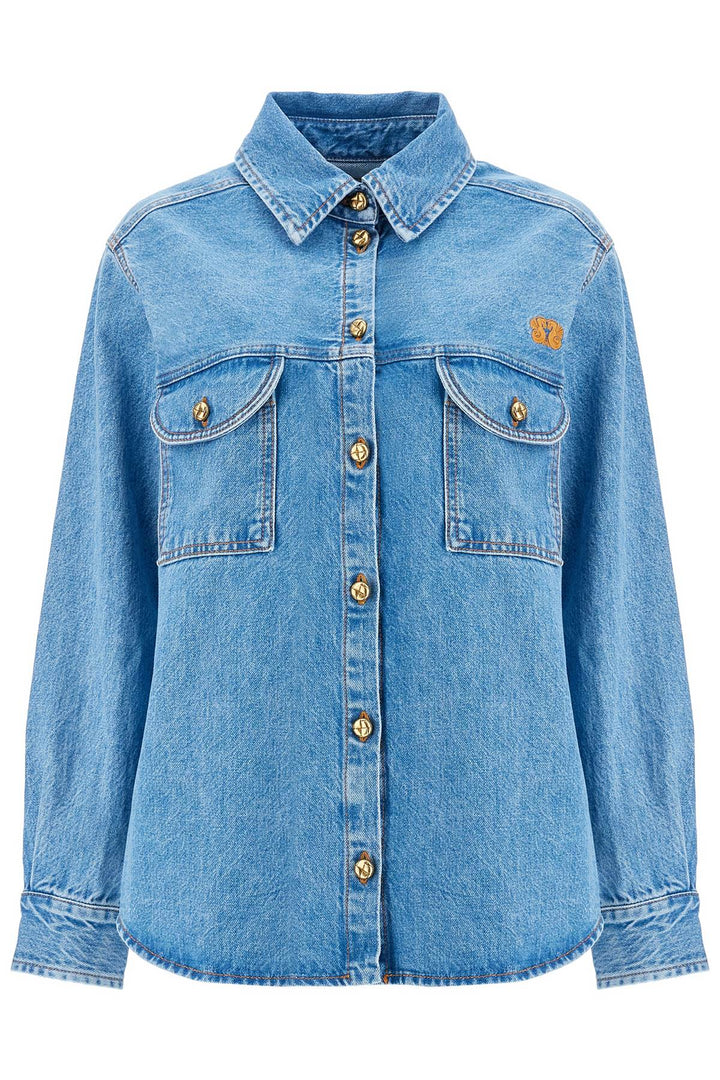 Camicia Blu Denim In Cotone Con Collo Alto