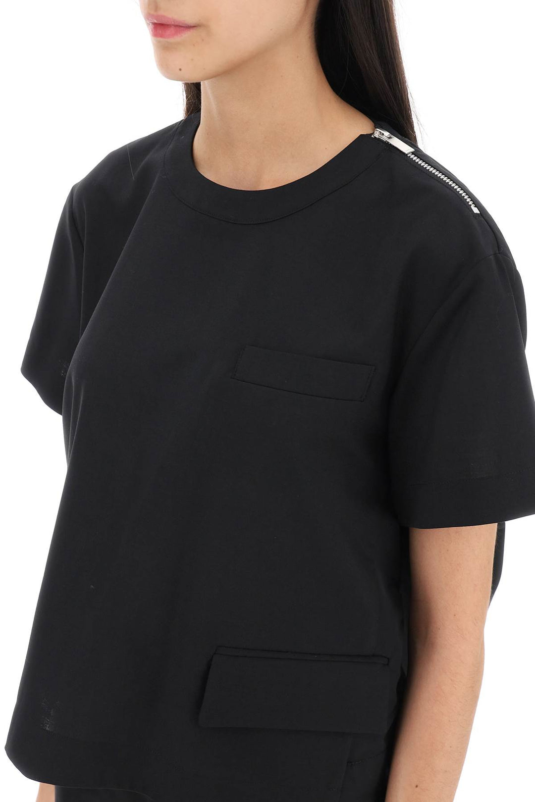 T Shirt Cropped Con Inserto In Taffetà - Sacai - Donna