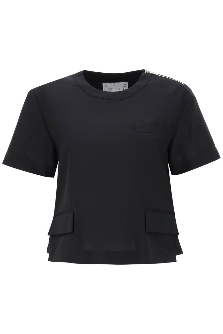 T Shirt Cropped Con Inserto In Taffetà - Sacai - Donna