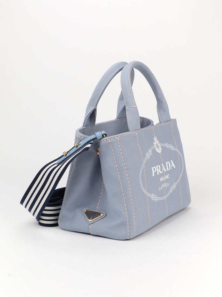 Borsa azzurra in canapa con logo-Prada-Wanan Luxury